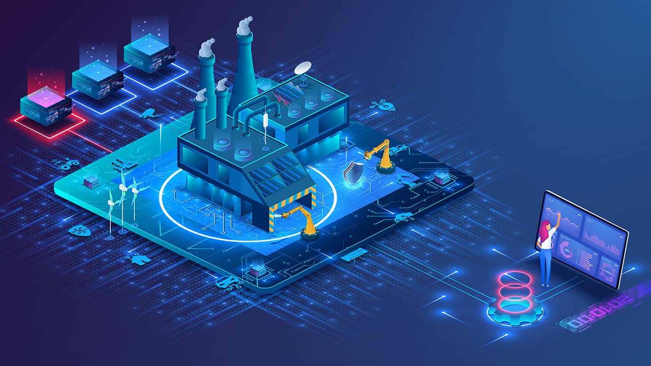Modern industrial automation factory floor with robotic systems and IoT sensors
