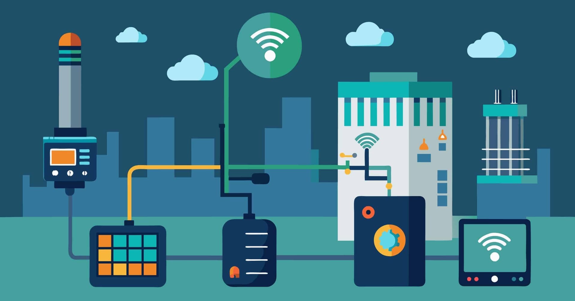 Modern industrial automation factory floor with robotic systems and IoT sensors