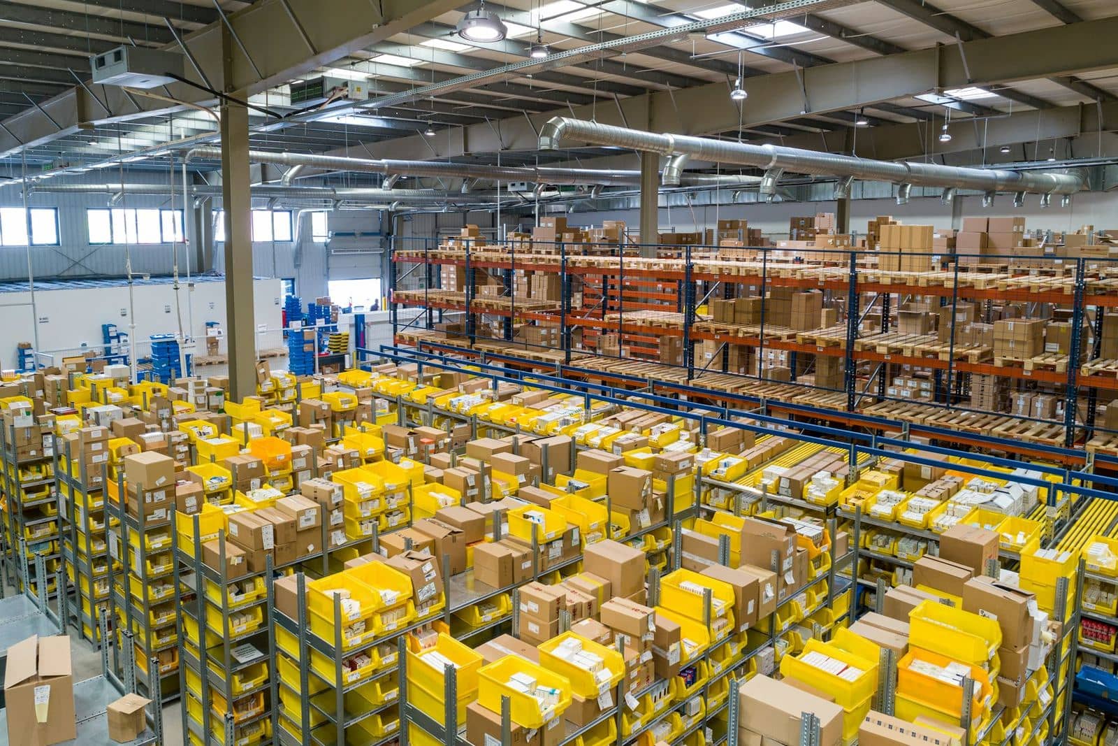 A warehouse with stocked shelves, ready for fulfilment