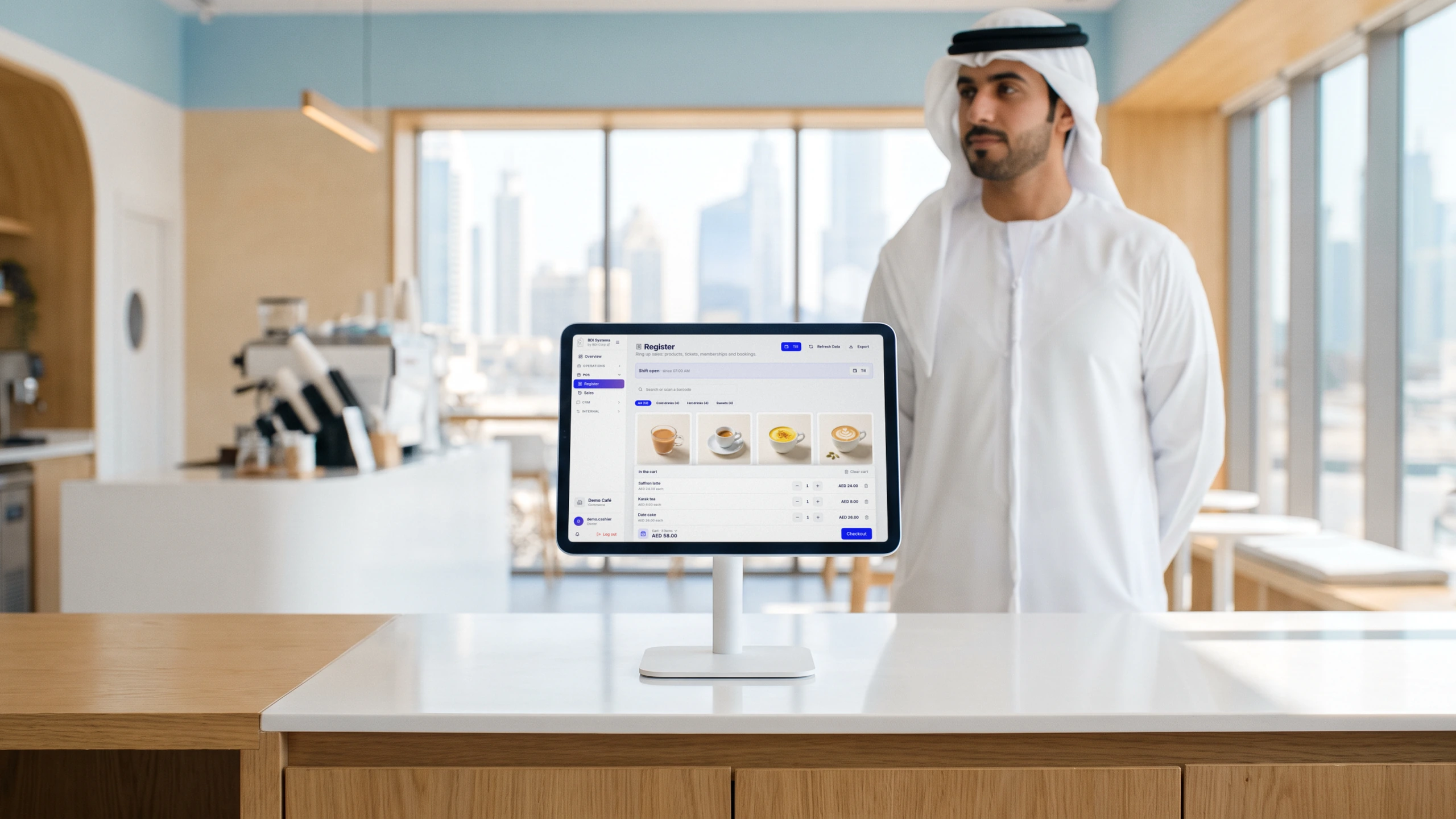 BDI Systems' point of sale in light mode on a tablet at a café counter in Dubai