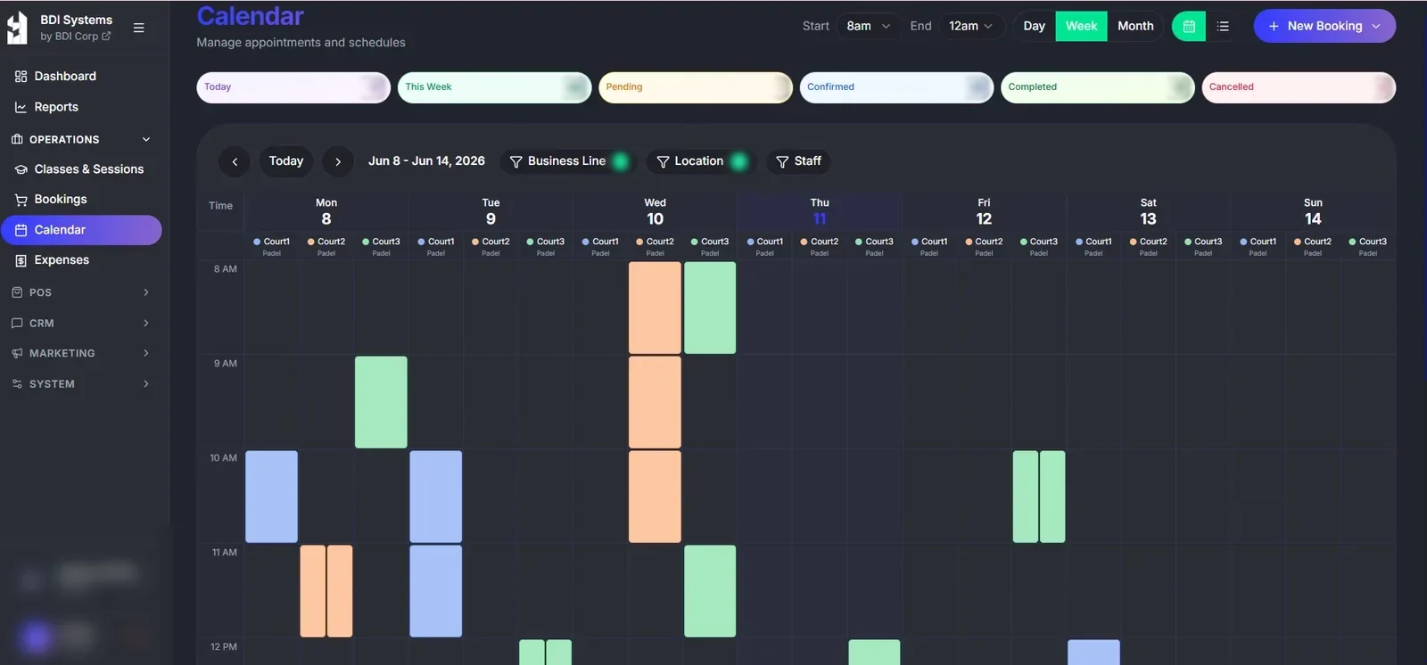 BDI Systems booking calendar: courts and sessions across a week
