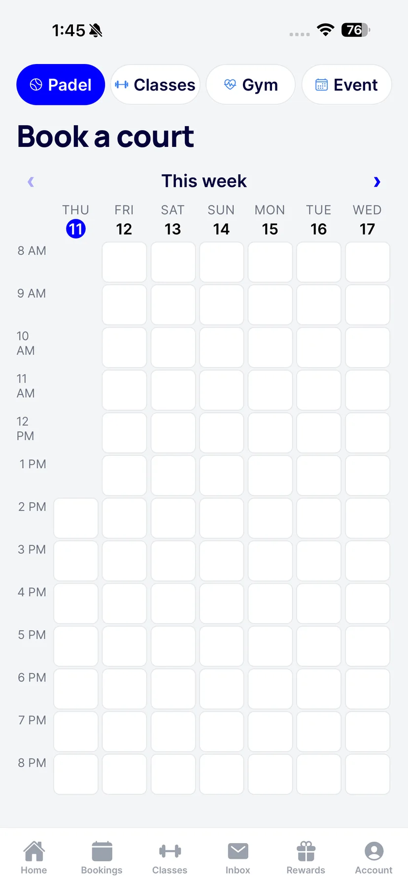 BDI Systems mobile app: a customer books a court by date and time