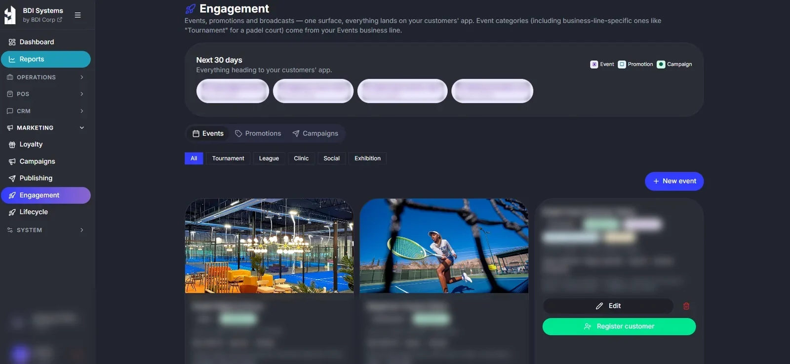 BDI Systems engagement screen: events, promotions and campaigns