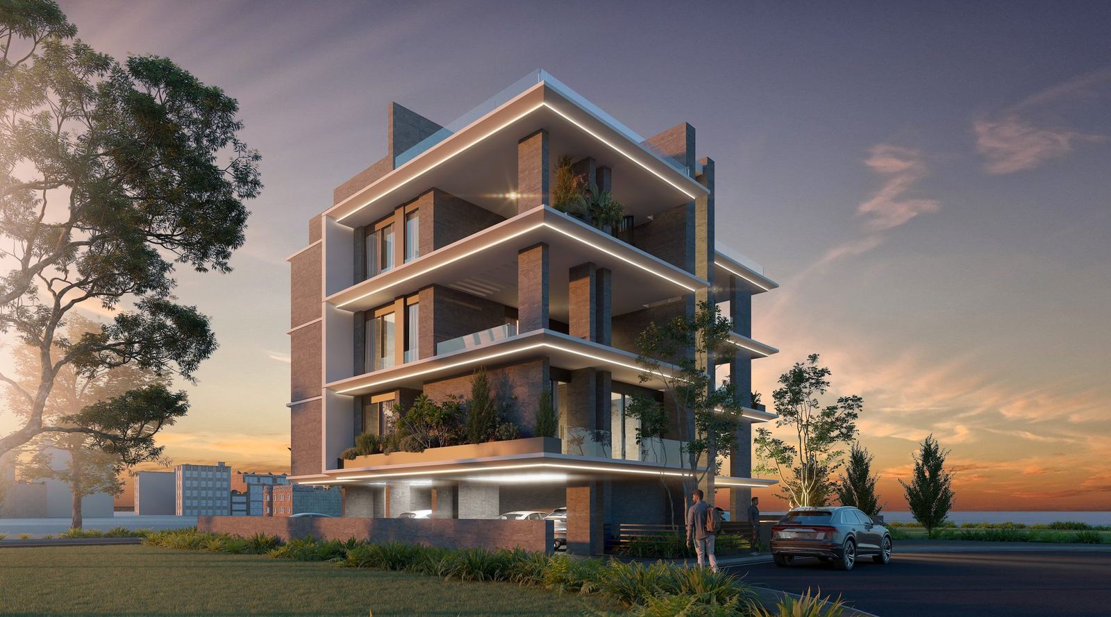 AZARCO PROPERTIES: rendering of an apartment building at sunset