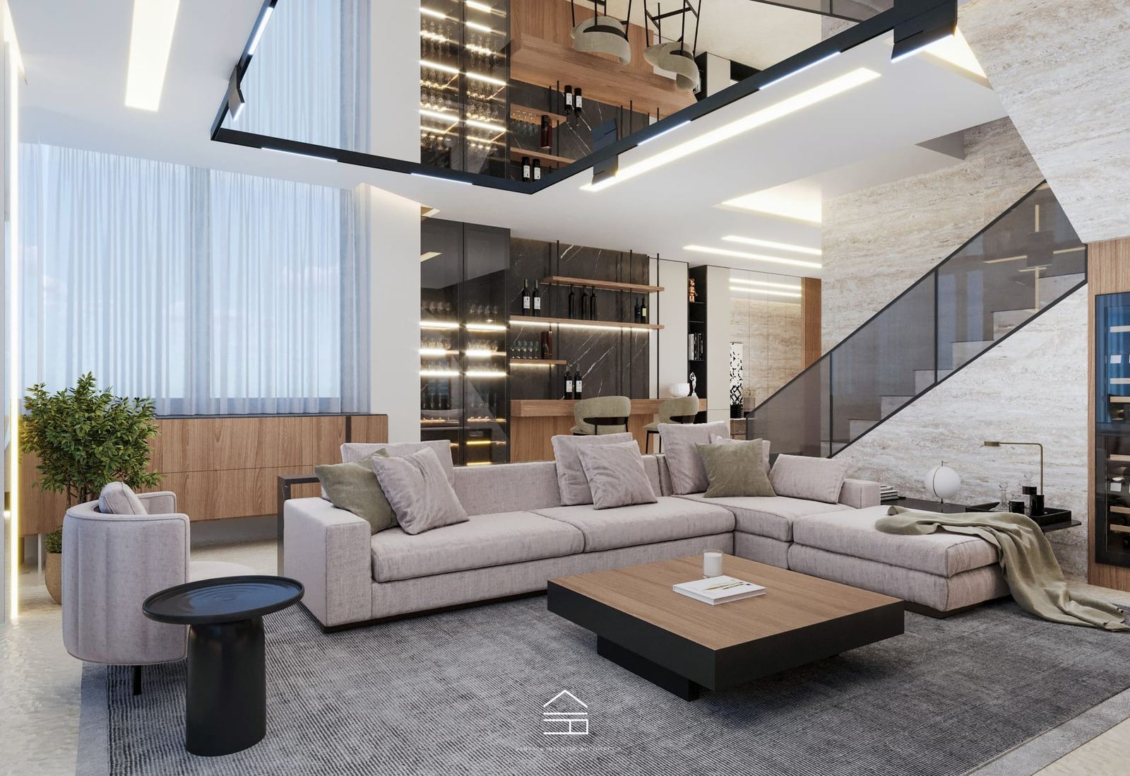Via Interiors: rendering of a double-height living room